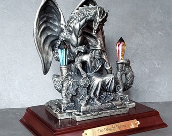 The Dragon Throne 3371, Myth and Magic vintage pewter 2002 Dragon with crystals figurine. Goth home ornamental art decor. Dragon sculpture