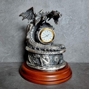 The Keeper of Time. Tudor Mint 3349. Myth and Magic Special piece for the Millennium. Pewter Dragon Figurine clock time piece on oval stand.