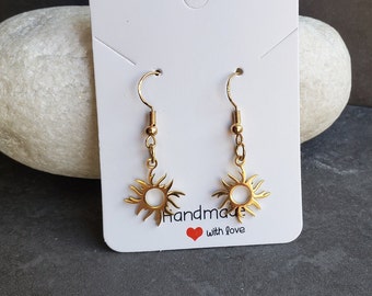 Golden Sun Earrings, Solar eclipse pendant 201 stainless steel hook back drop dangle earrings.