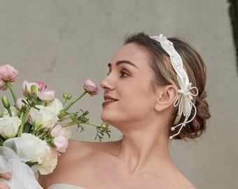 Soft White Headband, Women Headband, Pearl Hair Wrap, Bridal Headpiece, Melina Headband