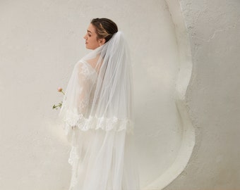 Two-tier Ivory Cathedral Length Wedding Veil with Scalloped Eyelash Lace Edge Cathedral Veil