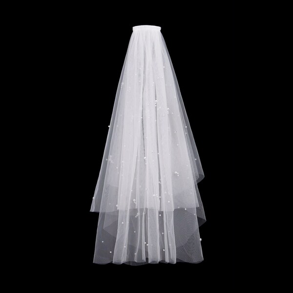 Two Tier Ivory Bridal Veil w/ Comb, Elbow Length Faux Pearl Beaded Wedding Veil, Bachelorette Party Veil, First Communion Veil, Alina Veil