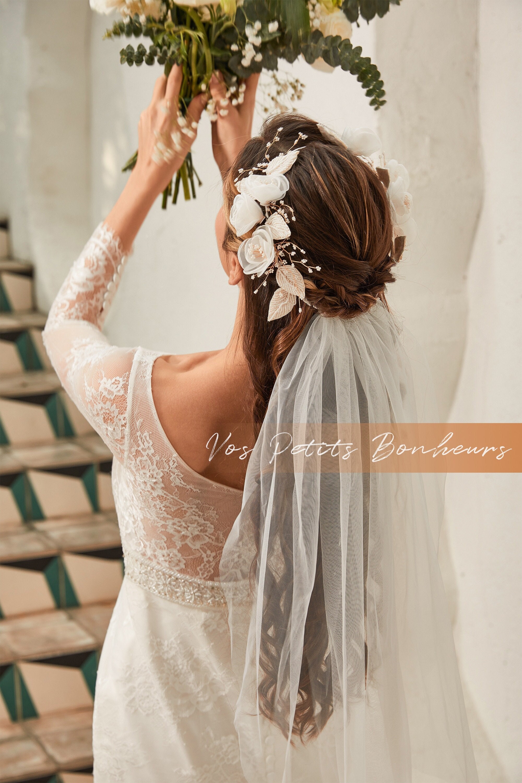 European Style Short Bridal Veil with Flowers - UCenter Dress