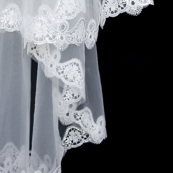 Lace Edge Bridal Veil, Sequined Lace Veil, Hip Length Veil, Two-Tier Ivory Wedding Veil, Ivory Bridal Veil, Lace Bridal Veil, Veil with Comb