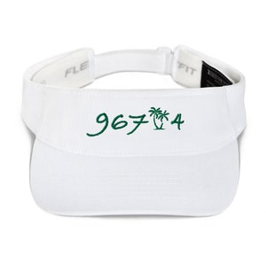 May include: White visor featuring the embroidered text "9674" in green, and a palm tree graphic. The visor has a curved brim and an adjustable strap. Designed to protect the eyes from the sun, it's a practical accessory.