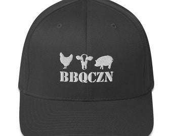 May include: A black baseball cap with a white embroidered design of a chicken, cow, and pig with the text "BBQCZN" underneath.