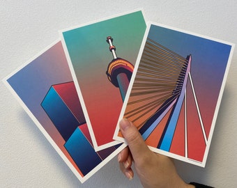 Satz von Artprints 'Radiant Gradient | Die Erasmusbrücke | Die Rotterdamer | Der Euromast'