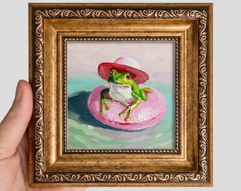 Frog in Pink Hat Oil Painting, Whimsical Miniature Art, Tiny Framed Impasto Wall Decor
