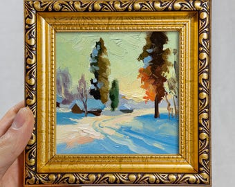 油絵の風景画オリジナル、ボール紙に描いた油絵、雪に覆われた冬の風景