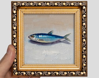 Framed Sardine Oil Painting 4x4 – Mini Fish Original Art