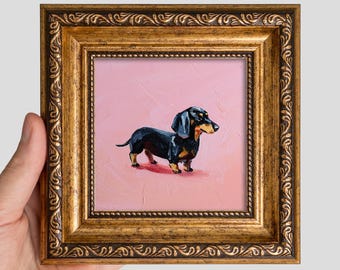 Black Dachshund Oil Painting 4x4 — Small Original Dog Art in Gold Frame
