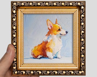 Corgi dipinto ad olio 4x4 – Mini opera d'arte originale con cane, tecnica a impasto materico in cornice dorata