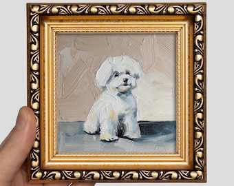Mini pintura al óleo de maltés: arte canino pintado a mano en marco clásico