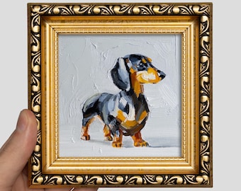 Dachshund Oil Painting 4x4 — Miniature Dog Portrait, Original Framed Pet Art