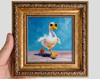 Duck Oil Painting – Funny Animal Art in Gold Frame (4x4)
