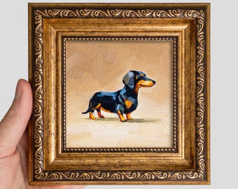 Original Dachshund Oil Painting – Small Dog Art in Gold Frame