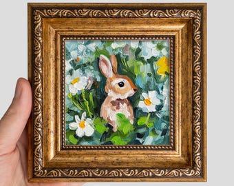 Rabbit Oil Painting 4x4 — Mini Original Bunny Artwork, Framed Cottagecore Nature Decor