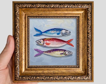 Sardine Oil Painting – Impasto Fish Still Life in Gold Frame, 4x4
