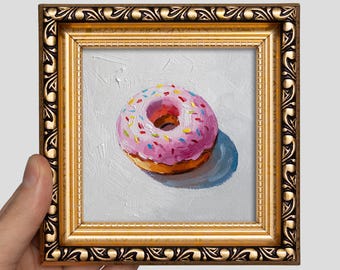 Pintura al óleo pequeña de rosquilla en marco de 4x4: Arte original en miniatura de comida