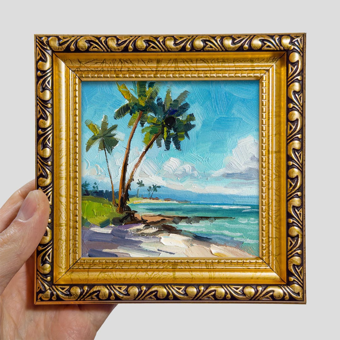 Original Impasto Oil Painting – Tropical Beach Palm Tree Seascape ...