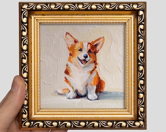 Dipinto ad olio di Corgi 4x4 – Mini opera d'arte originale con cane in cornice dorata