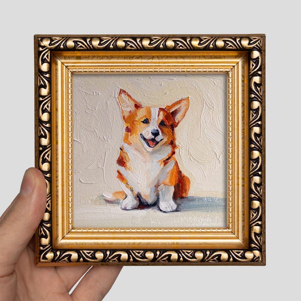 Corgi Oil Painting 4x4 – Mini Original Dog Art in Gold Frame