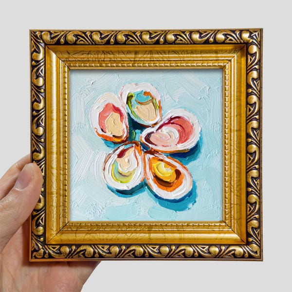 Mini-oesterolieverfschilderij 4 x 4 – ingelijste Impasto-zeevruchtenkunst