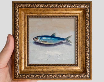 Framed Sardine Oil Painting 4x4 – Mini Fish Original Art