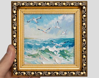 Miniature Seascape Oil Painting – Framed Coastal Seagulls Artwork (4x4)