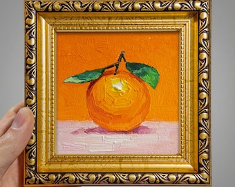 みかんの絵 オレンジの絵 オリジナル油絵 柑橘類の絵 新聞紙アート