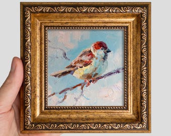Winter Geschenk Spatz Ölgemälde 100x100 — Original Mini Kunst als Geschenk