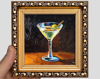 Mini Martini Cocktail Oil Painting – Original Bar Art, Gold Frame (4x4)