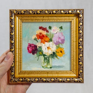 Bloemboeket olieverfschilderij 4 x 4: stilleven miniatuur originele kunst