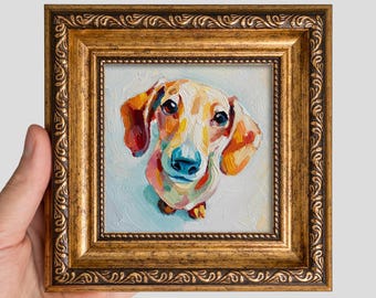 Dachshund Oil Painting 4x4 — Small Framed Original Dog Portrait, Mini Pet Art Gift