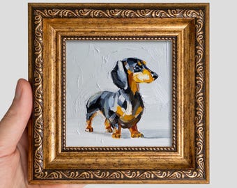 Dachshund Oil Painting 4x4 — Miniature Dog Portrait, Original Framed Pet Art