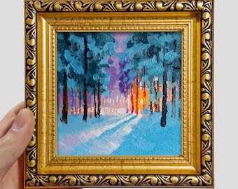 Miniature Oil Painting "Winter Forest" – Sunset on a Snowy Path