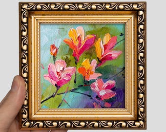 Small Magnolia Oil Painting – 4x4 Impasto Floral Art in Gold Frame