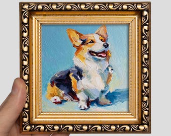 Corgi-Ölgemälde 4x4 — Kleines Original-Hundeporträt mit Goldrahmen, Wandbild für Haustiere