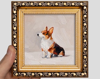 Mini Corgi, dipinto ad olio, 4 x 4 pollici, cornice classica: opera d'arte originale dipinta a mano raffigurante un cane.
