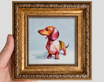 Dachshund Oil Painting 4x4 — Small Original Dog Portrait, Miniature Framed Pet Art