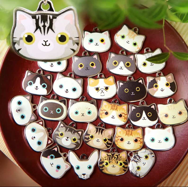 May include: A collection of silver cat charm pendants with various cat designs, including tabby, calico, and white cats. The charms feature different colored eyes and expressions.