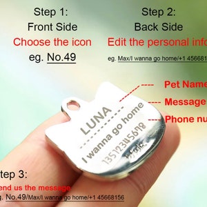 May include: A silver cat-shaped pet ID tag with the name "LUNA" engraved on the front. The back side has space for a pet's name, a message, and a phone number. The tag is shown in a hand, with the text "I wanna go home" and a phone number engraved on the back.