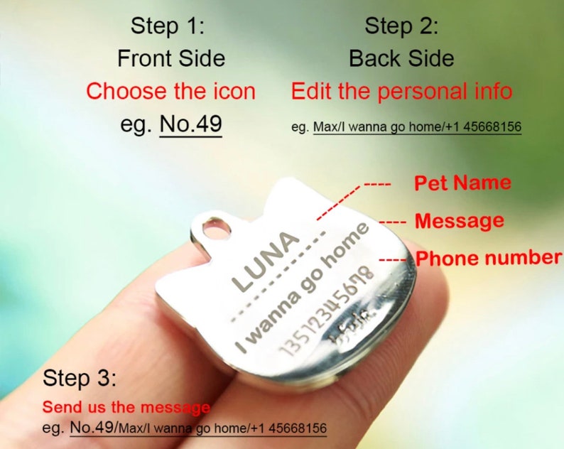 May include: A silver cat-shaped pet ID tag with the name "LUNA" engraved on the front. The back side has space for a pet's name, a message, and a phone number. The tag is shown in a hand, with the text "I wanna go home" and a phone number engraved on the back.
