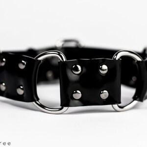May include: A black, glossy collar with silver-toned metal rings and rivets. The collar is made of a shiny material and features a simple, yet bold design. The image is set against a white background.