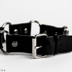 May include: A black leather collar with silver-toned metal hardware. The collar features a buckle closure and several metal rings. The design is simple and sleek, with a focus on the contrast between the black leather and the silver metal.