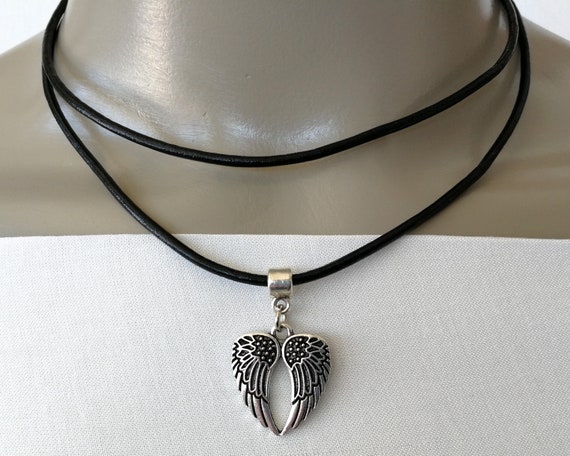 Black Wrap Choker Double Angel Wing Leather - Black Leather Wrap Choker Black Wrap Choker Double Angel Wing Leather - Black Leather Wrap Choker