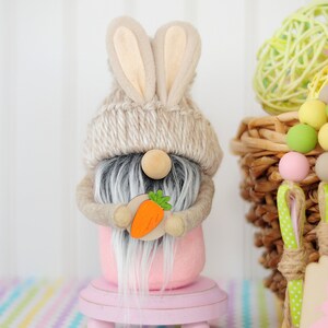 Neutral Beanie Hat Easter Bunny Gnome with Arms and Carrot, Bunny Gnome, Tiered Tray Decor, Spring Gnome