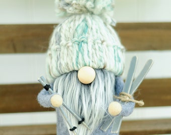 Skier Gnome, Beanie Gnome, Winter Gnome, Cozy Christmas Gnome, Snow Gnome, Ski Decor, Skiing Gnome