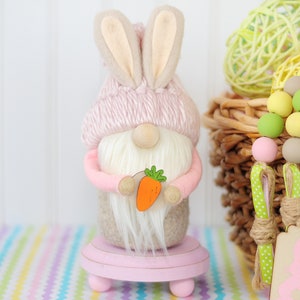 Pink Beanie Hat Easter Bunny Gnome with Arms and Carrot, Bunny Gnome, Tiered Tray Decor, Spring Gnome