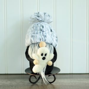 Black and White Ghost Beanie Gnome, Spooky Gnome, Fall Gnome, Halloween Tiered Tray, Ghost Decor, Creepy Gnome